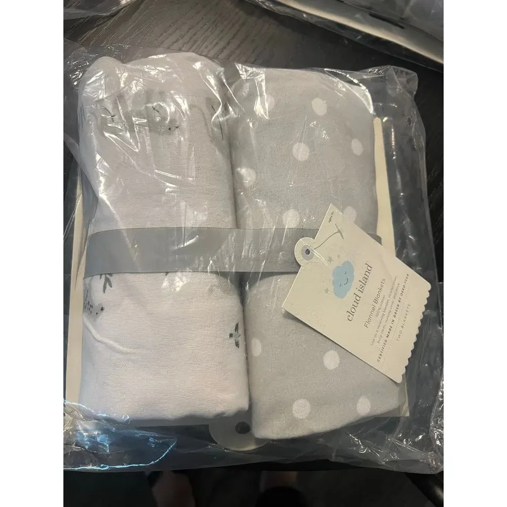 Cloud Island Baby Flannel Blankets 2-Pack Gray White 100% Cotton  NEW